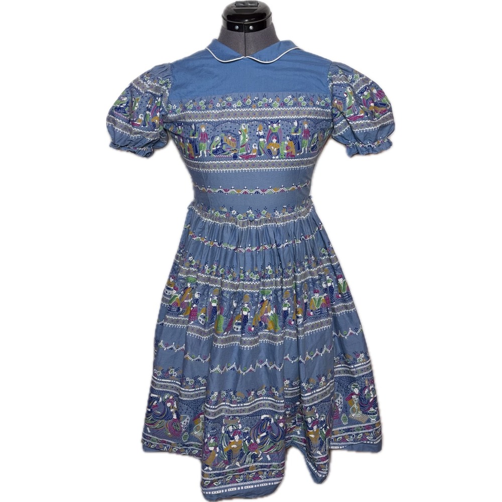 Peaches 'n Cream Arabian Nights Novelty Print Blue Vintage Dress Size 14